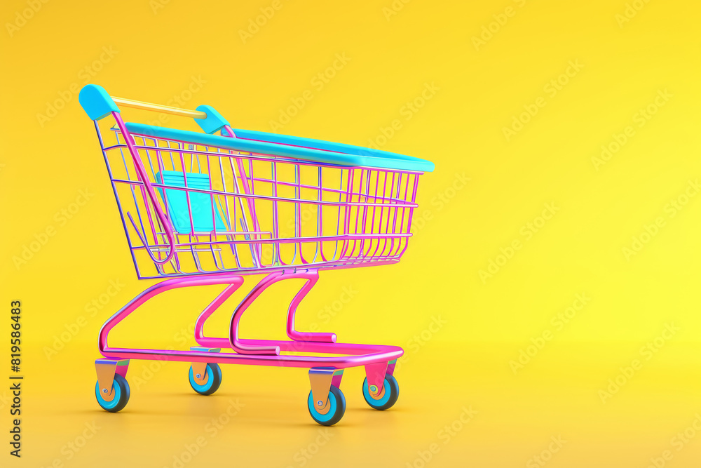 Vibrant Colorful Empty Shopping Cart on Yellow Background