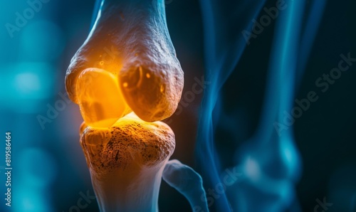 A close up of a knee joint with an orange glow. AI. photo