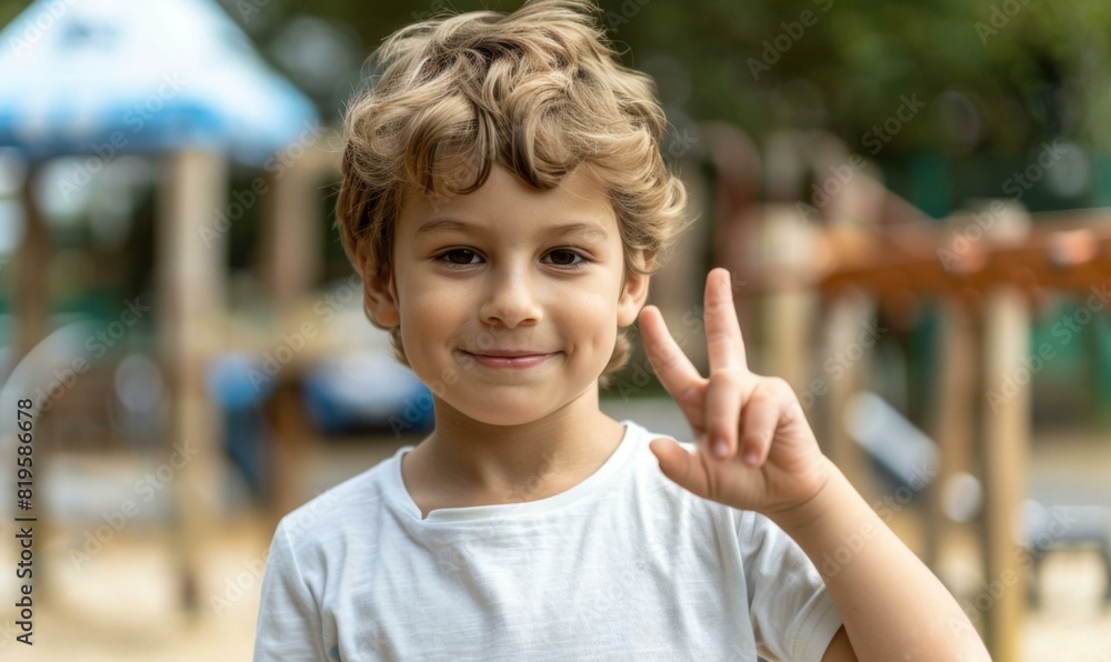A young boy making a peace sign with his hand in front of him. AI. A young boy making a peace sign with his hand in front of him. AI.