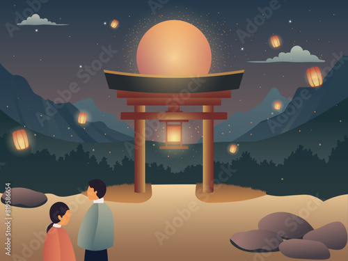 Obon japanise festival poster Lantern Festival Torii Gate