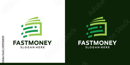 Fast money logo design. Paper Money with digital speed design graphic symbol icon vector.