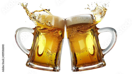 Two beer mugs clinking together with beer splashing out on a white background, detailed and hyper realistic. photo