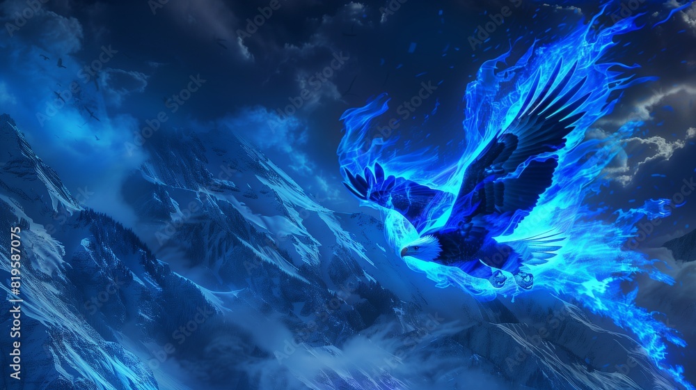 Vivid Royal Blue Fire Forming an Eagle Soaring Over Snow-Capped Mountains