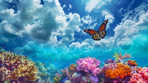 Tropical Turquoise Cirrostratus Clouds Shaping a Large Butterfly Flying Over a Colorful Coral Reef photo