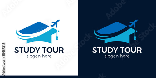 Study tour logo design template. College, Graduate cap, Campus, Education logo with Plane icon. Plane logo. Plane vector. Airplane logo. Airplane icon. Airplane vector.