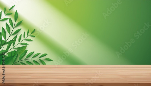 background of wood table green wall background with sunlight window create leaf shadow on wall with blur effect