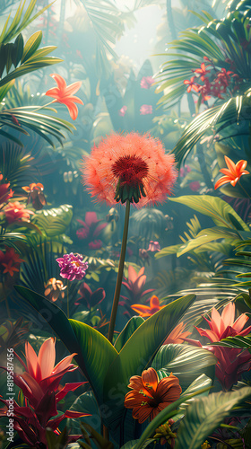 Realistic colorful garden with lots of pretty plants and flowers