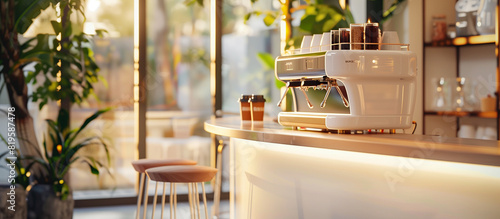 small modern cafe coffee shop with glossy ivory white round bar and coffee machine concept photo