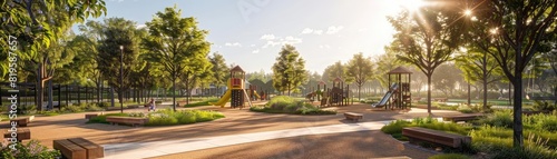 Community park with designated seating areas, workout stations, and interactive installations, promoting safe social interaction and outdoor activities.