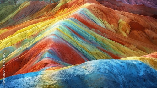 Portray the dynamic interplay of light and shadow on the vibrant surfaces of rainbow mountains