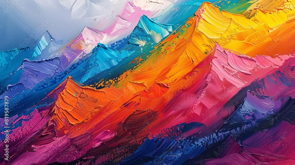 Portray the rugged terrain and jagged peaks of rainbow mountains in your artwork Portray the rugged terrain and jagged peaks of rainbow mountains in your artwork