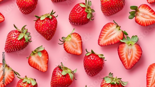Fresh strawberries and halved strawberries are artfully arranged on a bold pink background, showcasing their vibrant red color and lush green leaves.