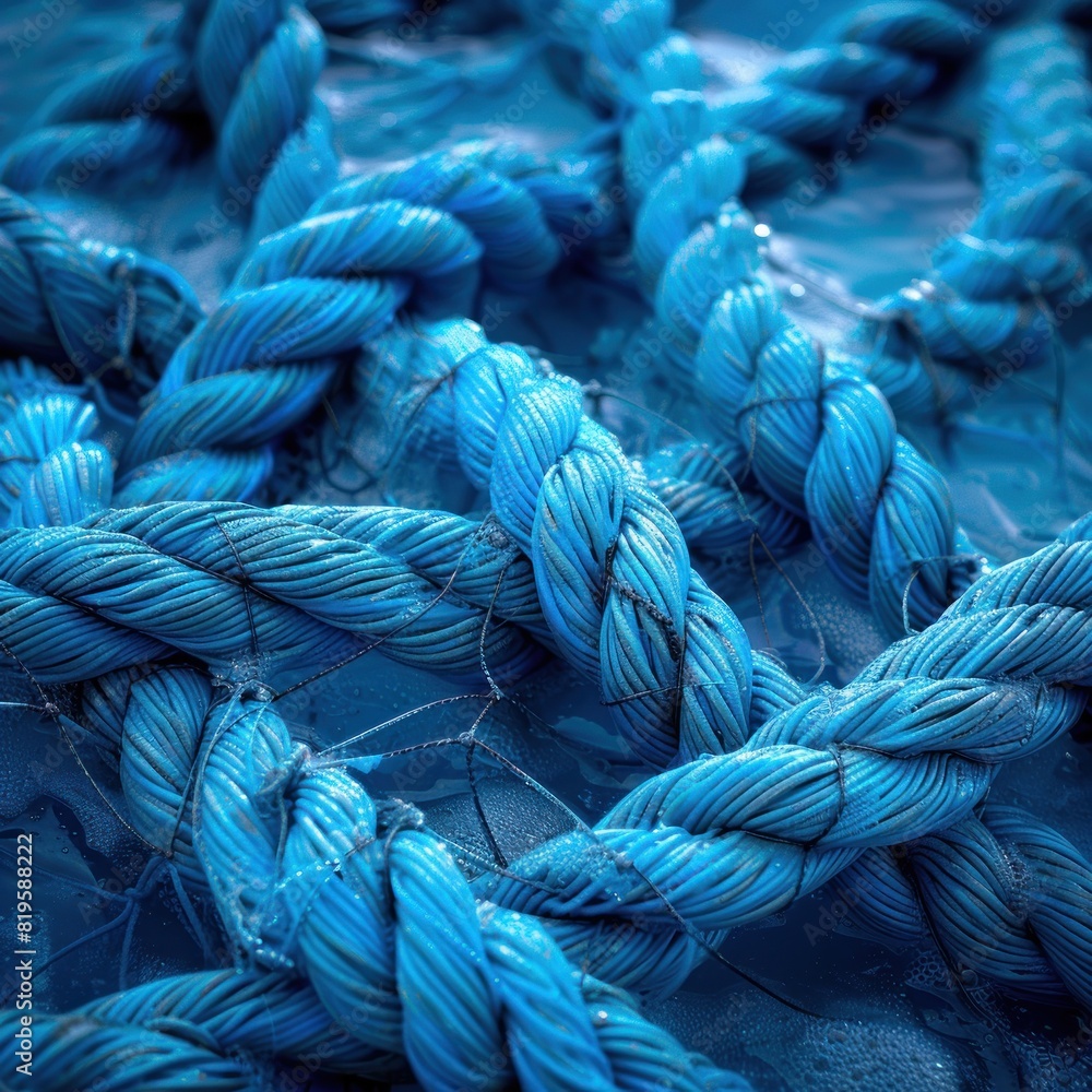 Close-up view of a blue fishing net, showing the texture and detail of the rope with the wetness of the water on it. The background is blurred to highlight the object. Close-up view of a blue fishing net, showing the texture and detail of the rope with the wetness of the water on it. The background is blurred to highlight the object.