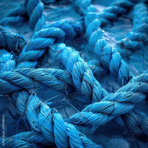 Close-up view of a blue fishing net, showing the texture and detail of the rope with the wetness of the water on it. The background is blurred to highlight the object.