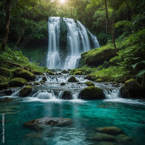  Spread joy and laughter on World Laughter Day  Background  Turquoise waterfall in a lush green forest.