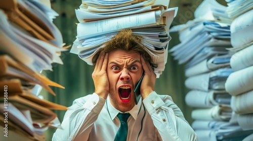 A person is buried under a mountain of paperwork, symbolizing the overwhelming nature of administrative tasks. photo