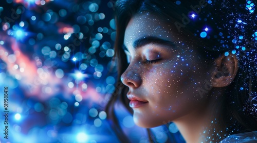 A young woman is enveloped in a serene blue cosmos, amidst a galaxy of lights. photo