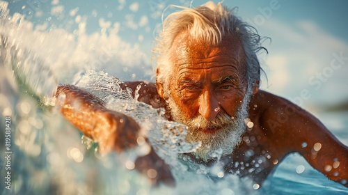 The tranquility of a senior man swim is captured amidst the sun-kissed ripples