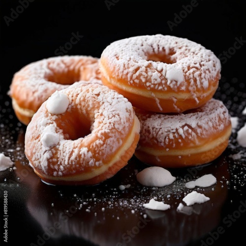 Delicious donuts with icing sugar on black background  closeup. AI generated