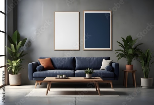 Modern living room interior with a blank poster on the wall, plants, and furniture on a concrete background, mockup concept. Mockup Wall