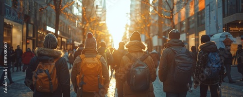 A group of people wearing winter clothes and backpacks walking down a busy city street at sunset.