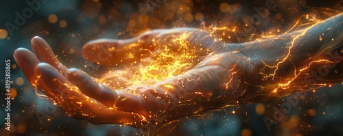 A hand enveloped in swirling flames and sparks, depicting elements of power, magic, and energy in dynamic motion.