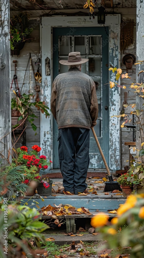 An elderly man stands in front of a rustic house door, surrounded by autumnal foliage and potted plants, wielding a broom. An elderly man stands in front of a rustic house door, surrounded by autumnal foliage and potted plants, wielding a broom.