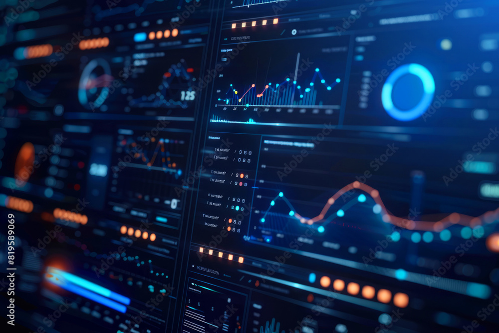 Cloud analytics dashboard showing real-time data selective focus, business theme, vibrant, overlay, corporate office backdrop Cloud analytics dashboard showing real-time data selective focus, business theme, vibrant, overlay, corporate office backdrop