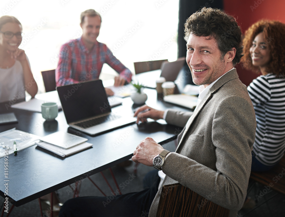 Fototapeta premium Portrait, man and boardroom for meeting with colleagues, office and corporate for planning. Professional, coworkers and conference for financial advisor, team and technology for strategy and project