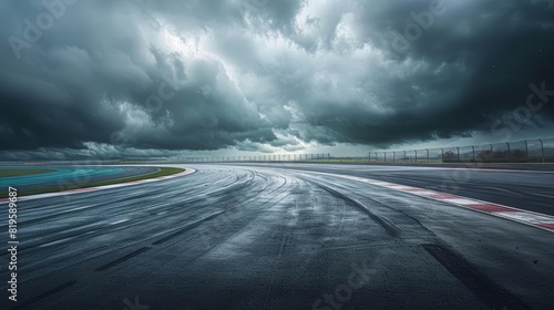 A motorsports track lies dormant under stormy skies, the roar of the crowd replaced by the whisper of the wind, with copy space