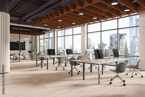 Modern office interior with coworking and conference room  panoramic window