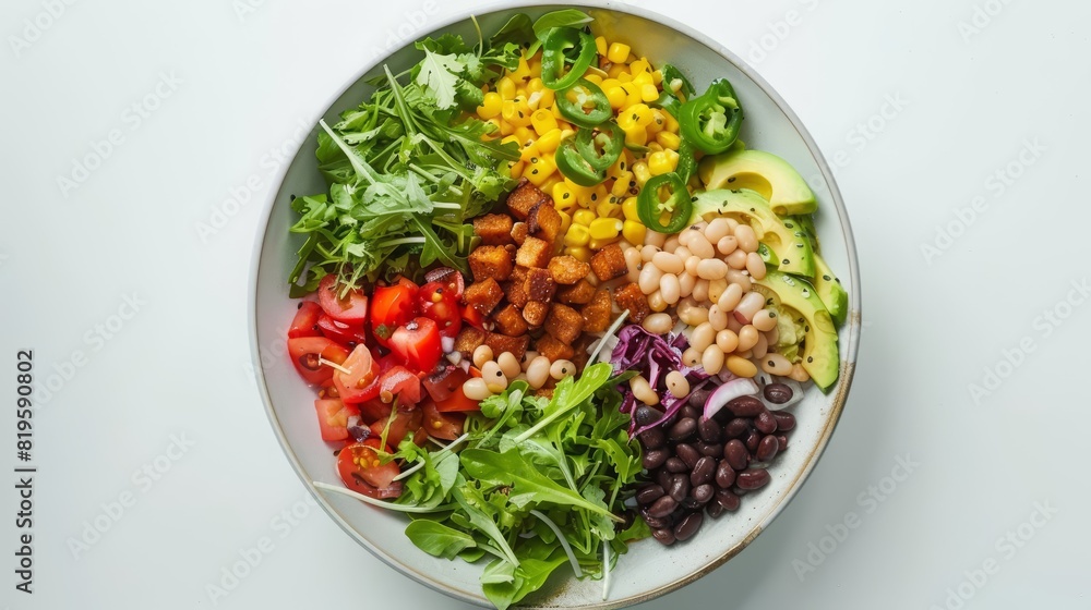 A top view of a meticulously arranged vegan burrito bowl, emphasizing a fresh, clean eating concept with a crisp white background A top view of a meticulously arranged vegan burrito bowl, emphasizing a fresh, clean eating concept with a crisp white background