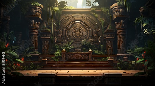 wooden podium with tribal carvings  in an open-air venue surrounded by tropical plants