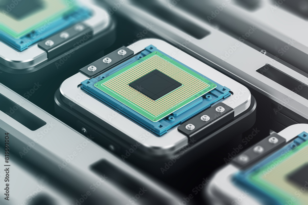 Top view of micro chips on a production line, CPU assembly Top view of micro chips on a production line, CPU assembly