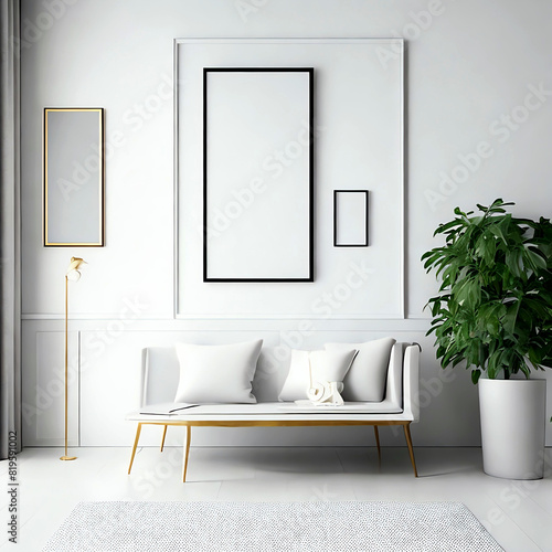 Frame mockup  Living room wall poster mockup. Interior mockup with house background. Modern interior design. 3D render 