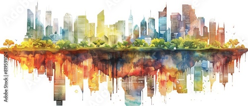A watercolor of a futuristic cityscape where buildings morph dynamically with the weather, situated on a floating island that travels across the globe, Clipart isolated on white