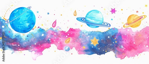 A watercolor of a galactic market where aliens trade stars and comets, located on a space station orbiting a neonblue planet in a distant galaxy, Clipart isolated on white