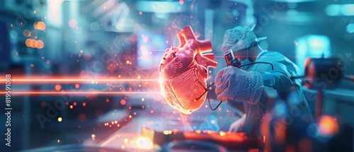 Amazing of a cardiac surgeon performing a minimally invasive valve repair with Glow HUD big Icon of cardiology