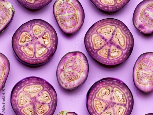 Overhead view of sliced purple eggplants arranged in a pattern on a vibrant pink background. Fresh and colorful vegetable texture.