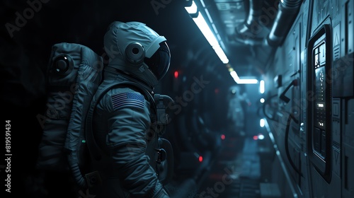 Fototapeta Naklejka Na Ścianę i Meble -  Capture a side view of an astronaut exploring a dark, eerie space station, illuminated by a dim, flickering light, enhancing the suspense and horror ambiance