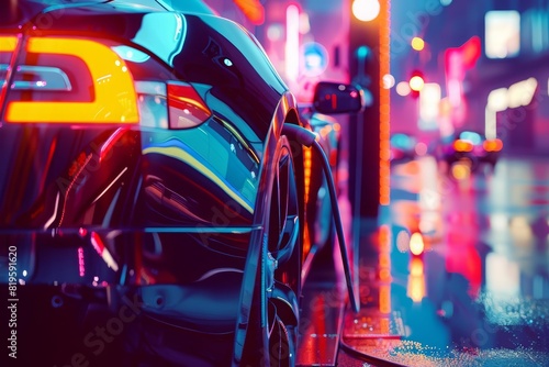Closeup of a futuristic electric sports car charging station on a busy street corner