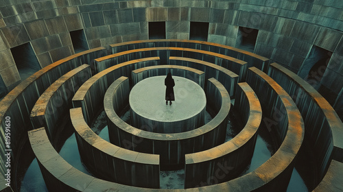 Overhead shot of a person standing in the center of the maze, surrounded by countless reflections. Dynamic and dramatic composition, with cope space
