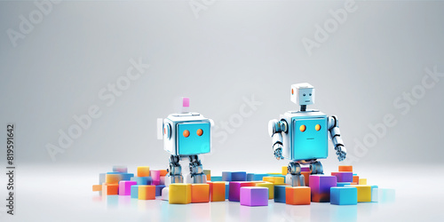 Ai robots playing cubes with copy space. 3D high quality illustration © antishock