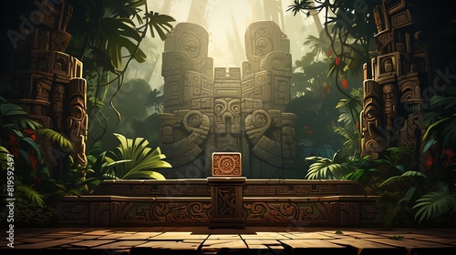 wooden podium with tribal carvings, in an open-air venue surrounded by tropical plants photo