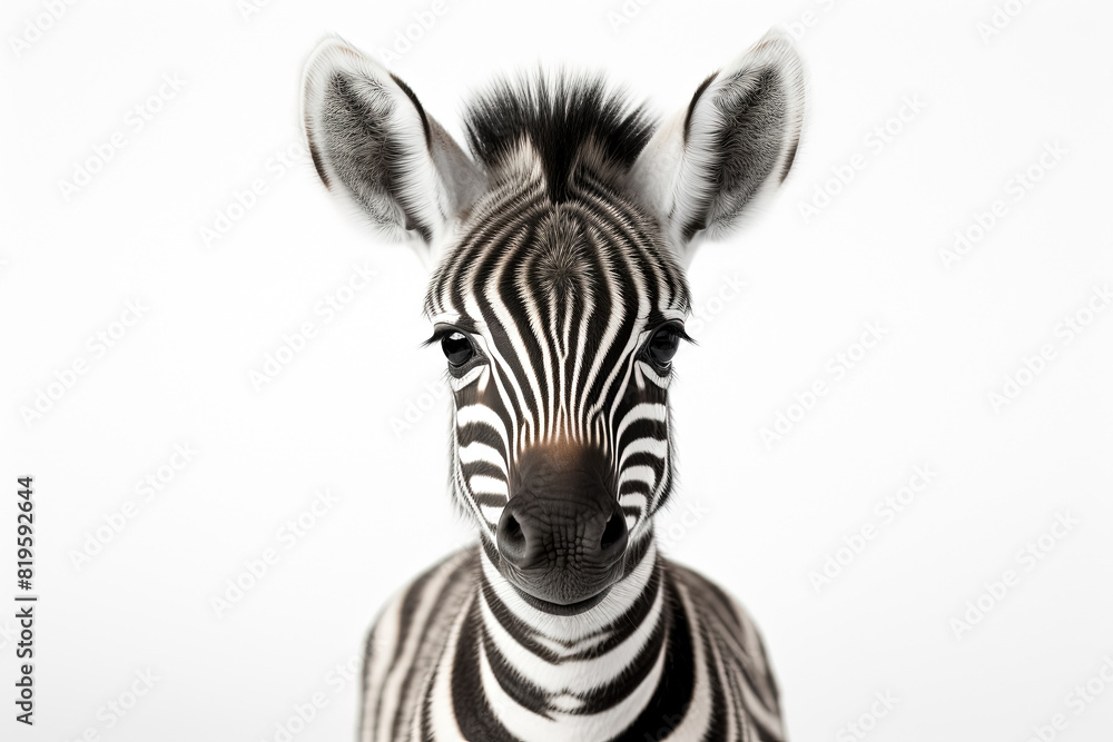 Fototapeta premium Portrait of a zebra on white background. Generative Ai