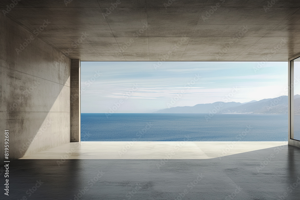 Empty concrete room with sea view and mountains. Mock up. Generative Ai