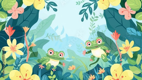 In a Japan art style creative design  amphibians celebrate Arbor Day amidst lush  imaginary vegetation on a kawaii template sharpen with copy space