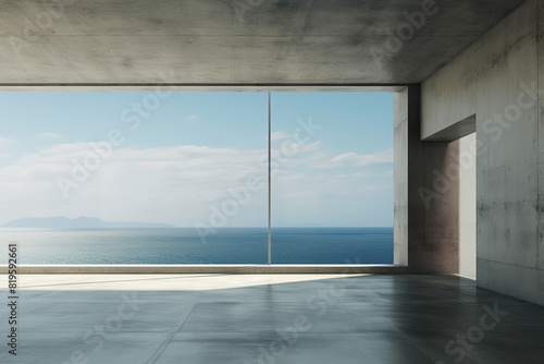 Empty concrete room with sea view. Generative Ai