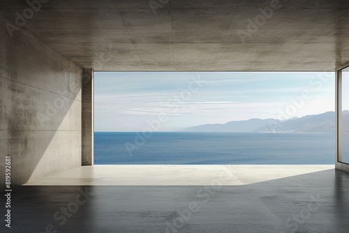 Empty concrete room with sea view and mountains. Mock up. Generative Ai