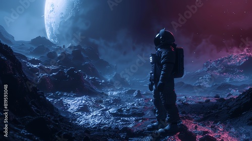 Visualize a side angle of a space explorer facing a nightmarish, disorienting alien landscape, with dramatic lighting effects heightening the spine-chilling atmosphere photo